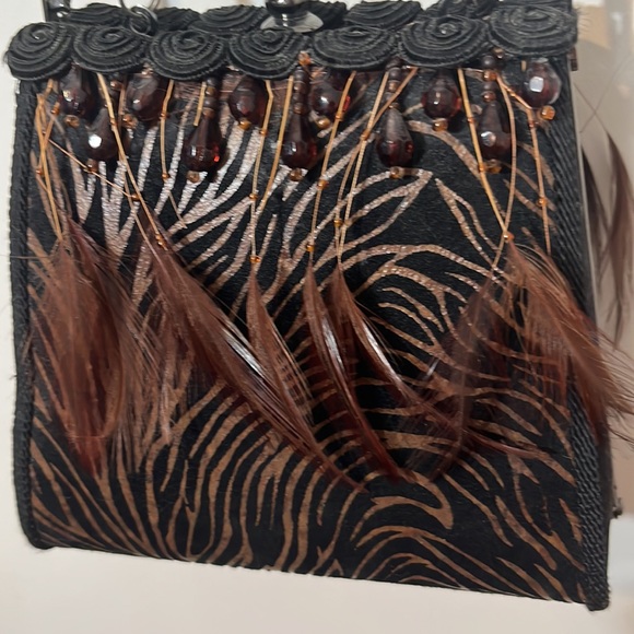 Moo Roo Handbag Gorgeous Rare Black/Bronze wristlet style w/feathers & beads. - Picture 2 of 7